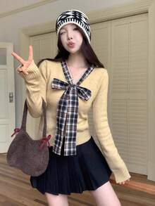 Korean Style 2 In 1 Apricot Knit Cardigan, Plaid Bow Decor Sweater Jacket, Suitable For Winter, Christmas, Spring Festival New Year - Apricot - View 3