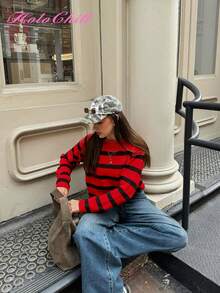 Christmas HoloChill Women Young Influencer Casual Style Colorblock Striped Crew Neck Pullover Knit Sweater, Autumn/Winter 2025 New Year