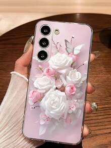 1 pieza Rosa Funda de teléfono transparente y suave con diseño de flor de rosa y mariposa, compatible con Samsung Galaxy A04e/12/A13/A14/A34/A50/A52/A53/A54/S21/S22/S23/S24/S25/S25Ultra, versión internacional, no la versión nacional - transparente - Ver 4