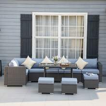 Outsunny 10 Pieces Outdoor PE Rattan Sofa Set With 10cm Thick Cushions, Garden Sectional Corner Sofa Set With Glass Top Dining Table And Three Footstools, Grey - Grey - View 1