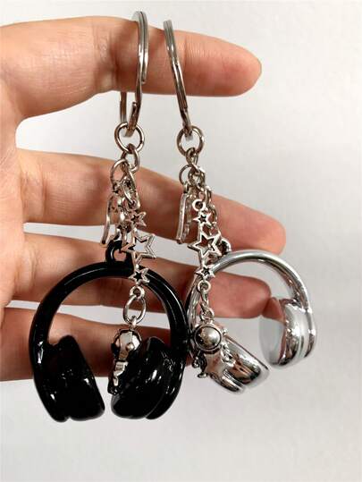 Minimalist Cute Shiny Black & White Headphone Shaped Keychain, Bag Charm, Car Key Chain, Astronaut Wing Stereo Headphone Pendant, Unisex, Love Music