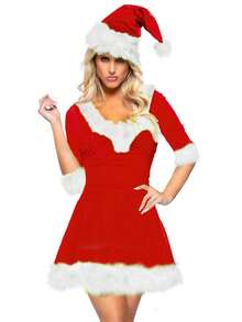 Women's Christmas Santa  Green Monster Cosplay Costume Dress Plush Patchwork Half Sleeve V-Neck For Party - Red - View 1