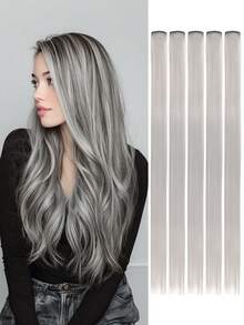 5pcs Set Colorful Clip In Synthetic Hair Extension Long Straight  For Women Girls With Cosplay - White - View 2