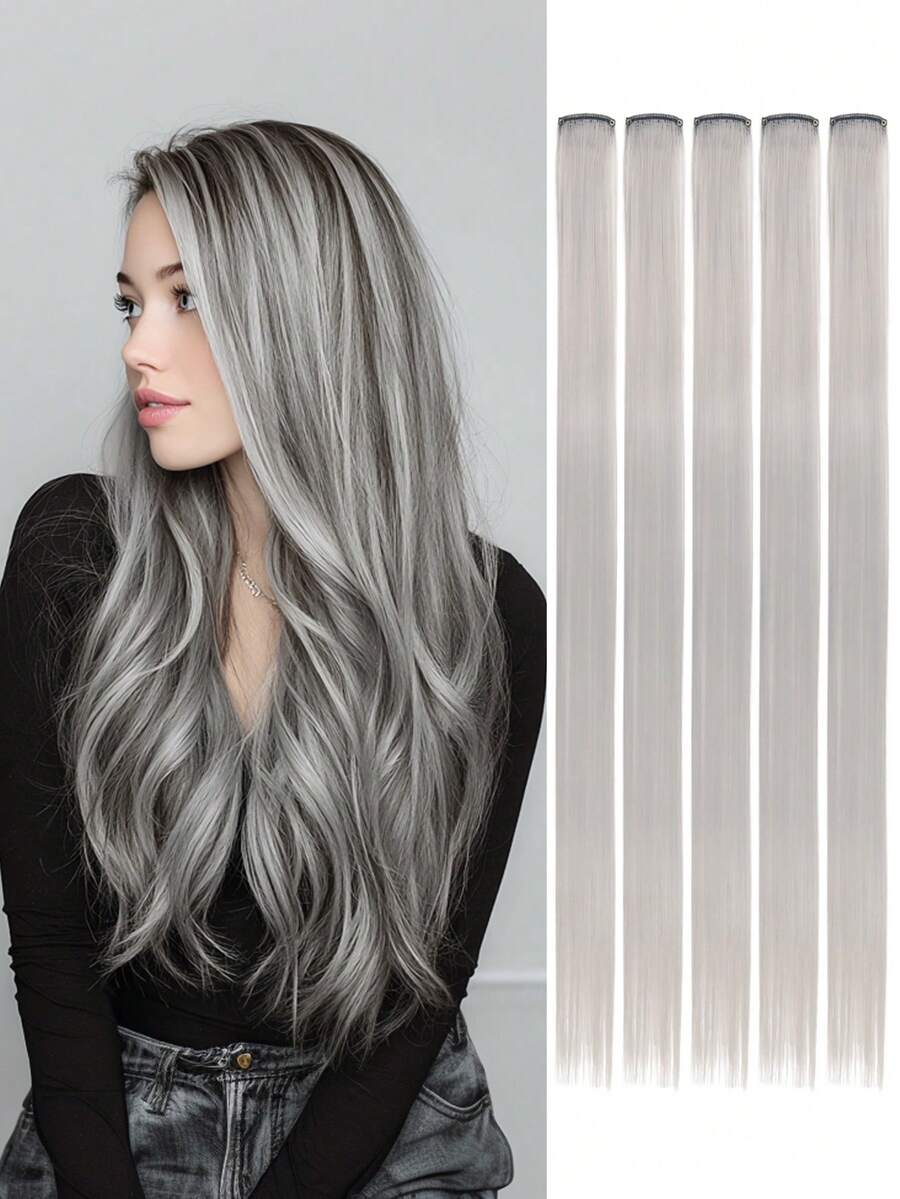 5pcs Set Colorful Clip In Synthetic Hair Extension Long Straight  For Women Girls With Cosplay