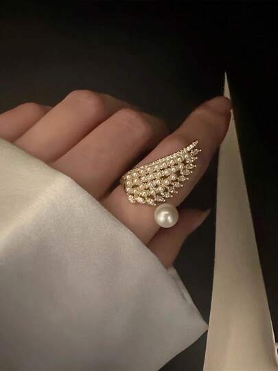 1 Stück verstellbarer offener Ring mit Kupfer, Strass und Perlenflügel, eleganter Luxus-Fingerring im französischen Stil, ideales Schmuckzubehör für den täglichen Gebrauch, Partys, Dates