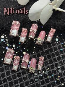 Get Romantic With Handmade10Pcs Square Shape Medium Long Pink Sweet Girl Ballet Style FullCoverage Fake Nails, White Pearl French Tip Nails 3D Three Dimensional Decoration Bow Japanese Style FullCover Press On Nail Kit For Girls AndWomen With 1Pc Mini Nail File & 1 SheetAdhesive Tabs Modern Gradient WhiteFalse Nails Nail Supplies Nails