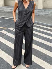 ZALLA Women's Striped Tailored Set – Vest And Formal And Elegant Wide Leg Pants - 灰色 - 查看 2