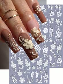 Adesivos de unha de pétala de renda 5D 2 peças, damasco branco, retrô, margarida, flor, pétala, folhas, estilo boêmio, faça você mesmo, Y2K, elegante, moda inverno, primavera, decalques de esmalte em gel autoadesivos, sliders, charme, salão, decoração de arte de unha