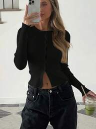 1pc Solid Color Ribbed Knit Button Front Long Sleeve Cardigan Sweater Top, Suitable For Dates, Holidays, Birthdays, Parties, Travel, Concerts, Everyday Wear, Early Autumn