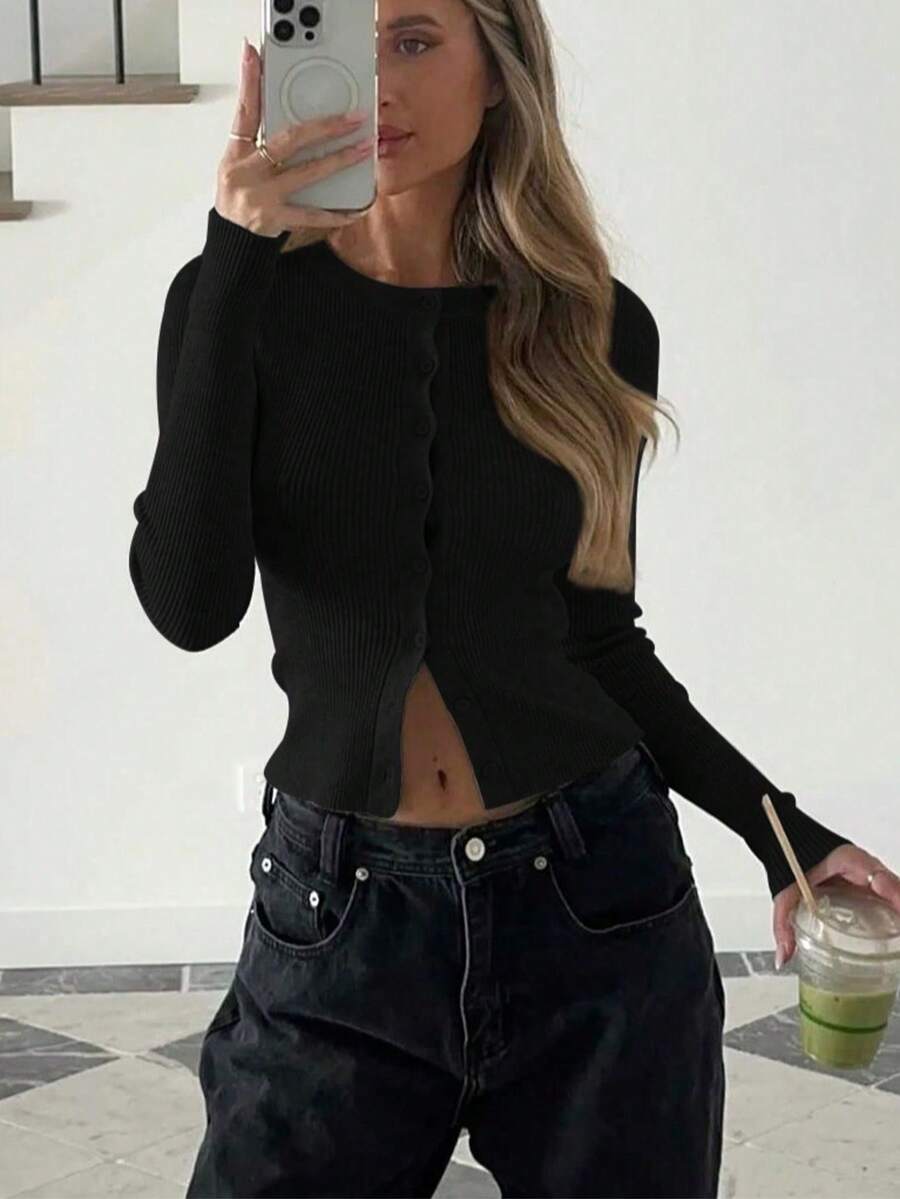 1pc Solid Color Ribbed Knit Button Front Long Sleeve Cardigan Sweater Top, Suitable For Dates, Holidays, Birthdays, Parties, Travel, Concerts, Everyday Wear, Early Autumn - Black - View 1