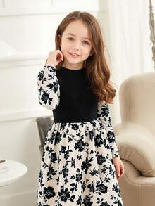 Girls' Long Sleeve Floral Print Dress, Black & Beige Color Block Elegant Design With Pleated Skirt, Party Dress For Autumn/Winter