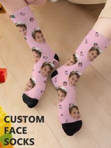 1 Pair Of Christmas Design Customized Face Boy's Front Printed Mid Tube Socks, Couple Socks, Personalized Photo Matching, Funny Couple Socks, Comfortable And Breathable, Creative Cartoon Design, Perfect Holiday, Birthday, Valentine's Day Gifts, Funny, Crazy, Anime, Multi-Color Socks - Multicolor - View 2
