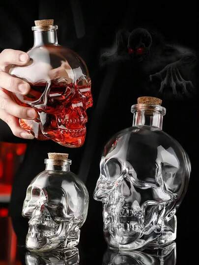 Creative Thick Transparent Skull Shaped Glass Liquor Bottle With Lid, Home & Bar Storage