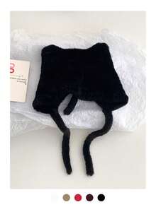 1 件装黑色毛绒猫耳针织帽，带小纽扣，秋冬保暖毛绒护耳帽，女士适用 - 彩色 - 查看 12