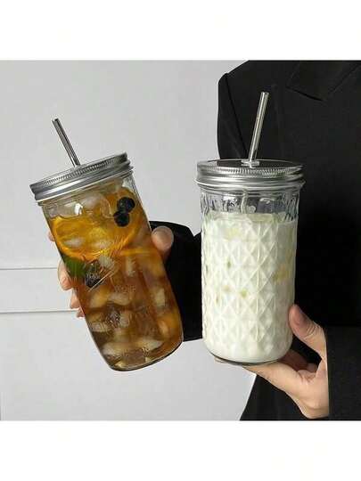 1 Piece (Set) Large-Capacity Heat-Resistant Transparent Glass Mason Jar (With Lid And Straw), Suitable For Boba Milk Tea, Coffee, Juice And Cold Drink