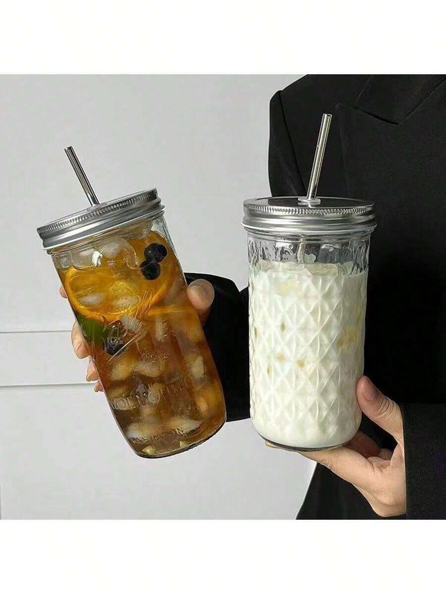 1 Piece (Set) Large-Capacity Heat-Resistant Transparent Glass Mason Jar (With Lid And Straw), Suitable For Boba Milk Tea, Coffee, Juice And Cold Drink - Trong sáng - Xem 1