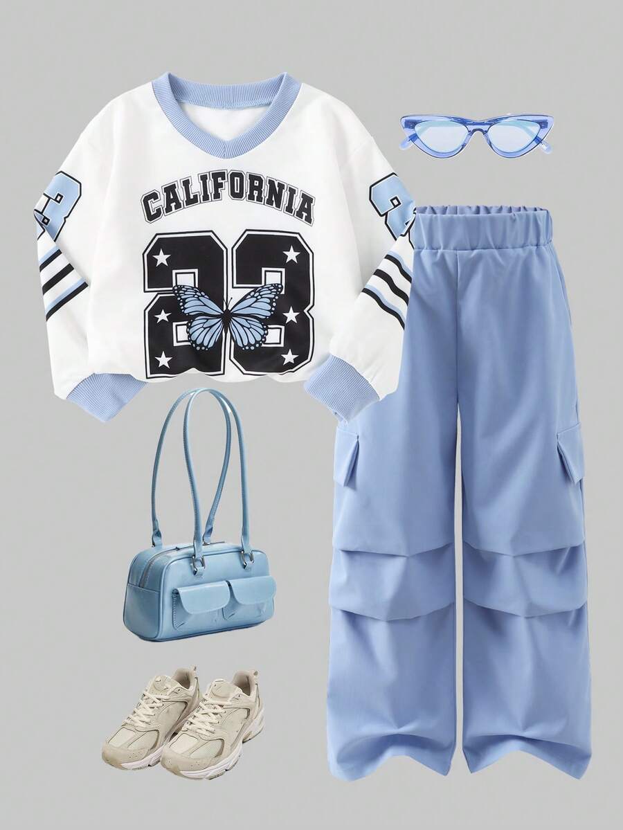 2 Stücke Mädchen Set aus Langarm V-Ausschnitt Top mit Buchstaben- und Zahlen-Muster + einfarbige Cargo Hose mit Fake-Tasche, Lässig Outfit - Blau-Weiß - Übersicht 1
