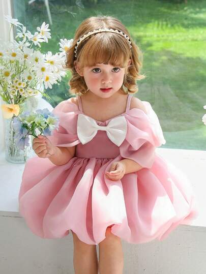 Baby Girls 0-3 Years Old Pink Bow Tulle Party Dress, Elegant Princess Dress, Suitable For 1 Year Old Birthday Party, Banquet, Wedding Flower Girl, Casual Outings