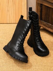 1 Pair White Classic Lace-Up Tall Boots For Toddler Girls, Soft & Comfortable PU Material, Round Toe Thick Sole, Fashion Princess Leather Boots Suitable For 3-15 Years Old Girls, Daily Casual Outdoor Wear, Autumn/Winter New