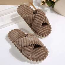 Fall Winter Memory Foam Open Toe Slide House Bedroom Slippers For Women Shoes Soft Cotton Fuzzy Slippers Indoor - màu nâu - Xem 3