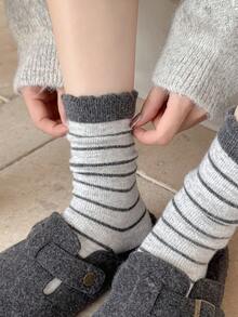3 pares de calcetines gruesos y cálidos de lana con rayas para mujer, calcetines minimalistas de moda suaves hasta el tobillo, para otoño/invierno