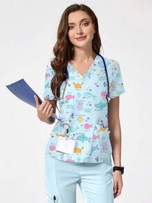 Women's Ocean & Heart Print V-Neck Multi-Pocket Scrubs Nurse Scrubs Workwear Dentist Healthcare Pet Hospital Laboratory Uniform Top