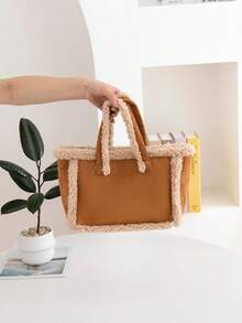 女士毛绒斜挎包手提包，秋冬新款时尚优雅可爱柔软仿麂皮托特包大容量单肩包，可调节肩带，是女性休闲外出和日常使用的完美礼物 - 彩色 - 查看 3