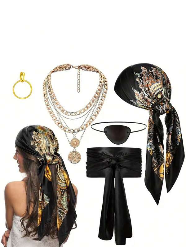 5-częściowy zestaw kostiumu pirata na Halloween dla dorosłych, unisexowy szalik na głowę i akcesoria naszyjnikowe, odpowiedni do kostiumów o różnej tematyce festiwali i karnawału.