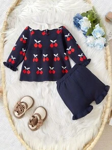 Baby Girls Casual Cute Doll Collar Cherry Pattern Navy Blue Long Sleeve Crew Neck Knitted Sweater With Knitted Shorts, Comfortable And Soft, Suitable For Daily, Vacation, School, Spring, Autumn, Winter - Royal Blue - View 3