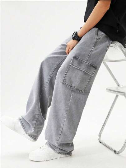 Calça jeans masculina estilo cargo, casual, de cor sólida e solta