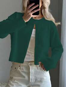 Sylvia Women's Basic Minimalist Long Sleeve Crew Neck Short Fitted Soft Knit Solid Color Cardigan Sweater, Gentle Relaxed Fit For Daily, Commute, Casual, Girlfriend Afternoon Tea, New Year, Valentine's Day - Dark Green - View 3