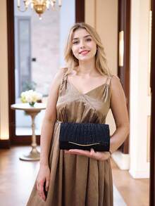 Bolso de mano con lentejuelas elegante - Correa de cadena dorada (uso cruzado/hombro), bordes con ribete metálico | Diseño fruncido, bolso de noche ligero para mujeres | 5 colores | Perfecto para bodas y bailes de graduación