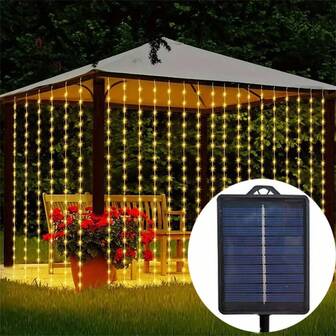 1 Pack Outdoor Solar Curtain Light, 8 Light Lighting Modes Fairy Light Holiday Lighting Courtyard Garden Party Christmas Wedding Wall Decoration