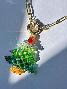 Green Handmade Beaded Christmas Tree With Golden Bubble Clasp Necklace, Elegant Christmas Gift, Shiny Party Jewelry