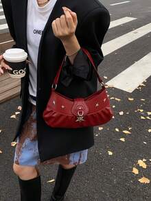 Bolso de hombro de cuero para mujer con tachuelas y dijes con forma de estrella, diseño fruncido de bolso cruzado para uso diario