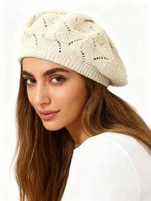 قبعة بيريه محبوكة بلون أحادي للنساء للاستخدام اليومي العادي، عصرية ومتعددة الاستخدامات، قطعتان/قطعة واحدة - متعدد الألوان - مشاهدة 2