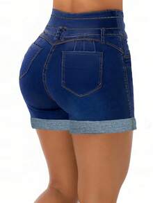 女士深蓝色弹力牛仔短裤 – 高腰纽扣前开襟设计，提臀塑形休闲牛仔裤 - 深色水洗藍 - 查看 3