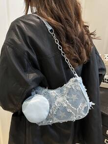 1 件蓝色尼龙面料光滑拉链星星印花装饰金属链带时尚休闲斜挎包，适合女性日常使用，秋冬新品 - 藍色 - 查看 3