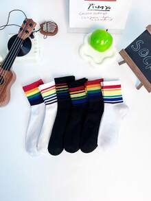 3 pares de calcetines a rayas de colores del arcoíris, calcetines transpirables de media pantorrilla, estilo callejero, adecuados para primavera, otoño e invierno