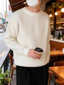 新款秋冬男士美式英伦风格小众设计粗针织毛衣，休闲宽松圆领套头衫 - 白色 - 查看 3