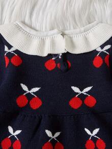 Baby Girls Casual Cute Doll Collar Cherry Pattern Navy Blue Long Sleeve Crew Neck Knitted Sweater With Knitted Shorts, Comfortable And Soft, Suitable For Daily, Vacation, School, Spring, Autumn, Winter - Royal Blue - View 10