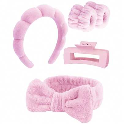 Set de 5 piezas de diadema y muñequera de lujo súper suaves de fibra, diadema para lavado facial, diadema para maquillaje, diadema para cuidado de la piel, diadema de esponja de terciopelo mullido, scrunchie de toalla de rizo suave y absorbente, adecuado para cuidado de la piel, desmaquillaje, baño, para mujeres y niñas