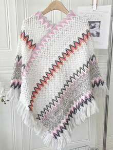 1件人字纹流苏披肩，斗篷披肩，时尚百搭的旅行斗篷，保暖围巾披肩，可搭配连衣裙 - 人字紋流蘇披肩 - 查看 2