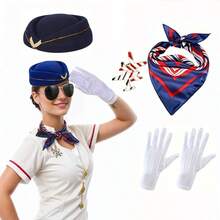 5pcs Stewardess Costume Accessories Set, Suitable For Pairing With Stewardess Uniform, Can Be Used For Christmas And Other Occasions, Including Stewardess Hat, Gloves, Scarf And Brooch. Also Suitable For Halloween Parties, Balls, Music Festivals And New Year Costumes. - Multicolor - View 6