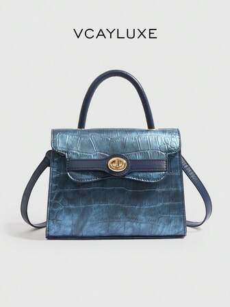 Niche Design Peacock Blue Faux Leather Handbag, Strap Lock Decor Square Bag, Crocodile Pattern Shoulder Bag, Detachable Strap, Suitable For Women Office, Commute, Date, Shopping, Casual, Vacation, Beach, Music Festival, Party, Wedding, School