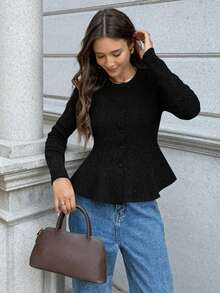 FOR BEAUTY Autumn And Winter Solid Color Round Neck Long Sleeve Waist Slimming Sweater Women's New Daily Casual Commuting Cardigan Fashionable Elegant Simple Coat Christmas Warm Sweater Top New Year