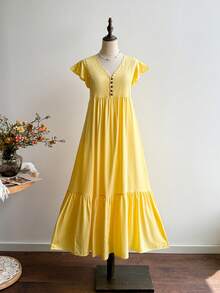 Rusttydustty Women's Vintage V-Neck Maxi Dress Brown Vacation Long Dress Boho Easter Beach Outfits Hawaii Music Festival Tropical Vacation - Yellow - View 2