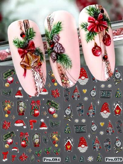 圣诞美甲贴纸 DIY 自粘 3D 立体浮雕贴纸，包含圣诞老人、雪人、铃铛、雪花、红色蝴蝶结、绿色松叶等圣诞树图案，冬季圣诞美甲装饰