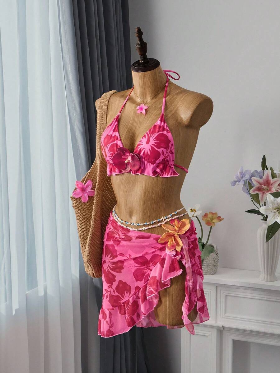 Bellisia 夏季海滩花卉印花比基尼套装吊带胸罩和低腰下装和沙滩裙 3 件套泳衣 - 彩色 - 查看 1