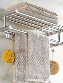 1pc 50cm Thickened 304 Stainless Steel Hotel Home Bathroom Towel Rack, Bath Towel Holder, Bathroom Towel Storage Rack, Drill-Free And Drill-Mount Dual-Use Bathroom Hardware Wall-Mounted Toilet Towel Rack, Double-Layer Bathroom Towel Rack With Hooks, Suitable For Bathroom Storage Organizer. Rust-Proof SUS304 Stainless Steel Towel Rack, Wall-Mounted Double-Layer Towel Rack, Suitable For Shower Room Bathroom. Double-Layer Bathroom Towel Rack With Storage Shelf - Silver - View 5